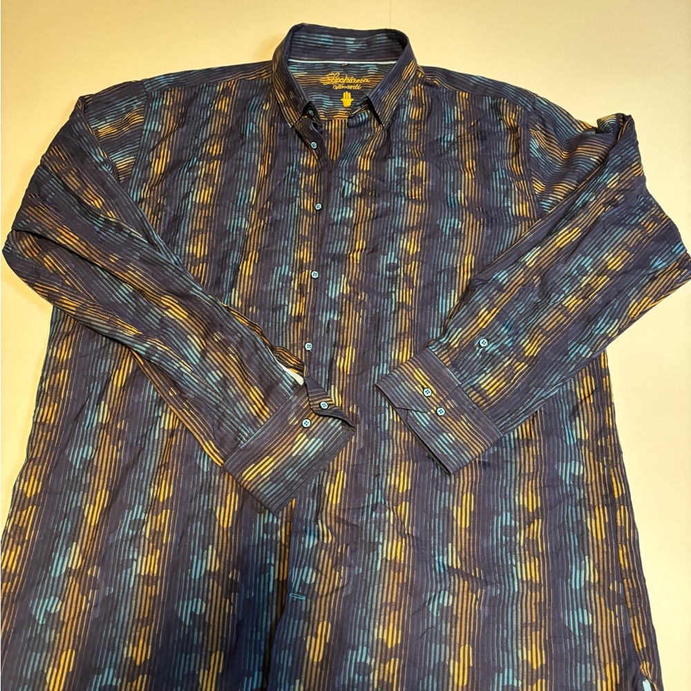 Men's Striped Button-Down Shirt in Blue and Yellow